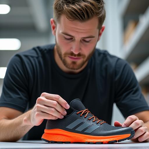 Liam 'The Optimizer' O'Connell, founder of TrailBlaze Gear, meticulously inspecting a pair of trail running shoes in a workshop.