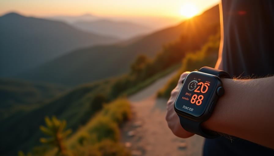Runner calculating pace on a smartwatch with a scenic mountain trail in the background.